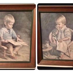 Set Of 2! Vintage Pictures- Boy In Rocking Chair Reading A Book-Girl In Chair Eating Cookies- Numbered Pieces! **1960's RARE**