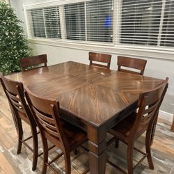 Brown Wood Wooden Table And Matching Six Chairs 