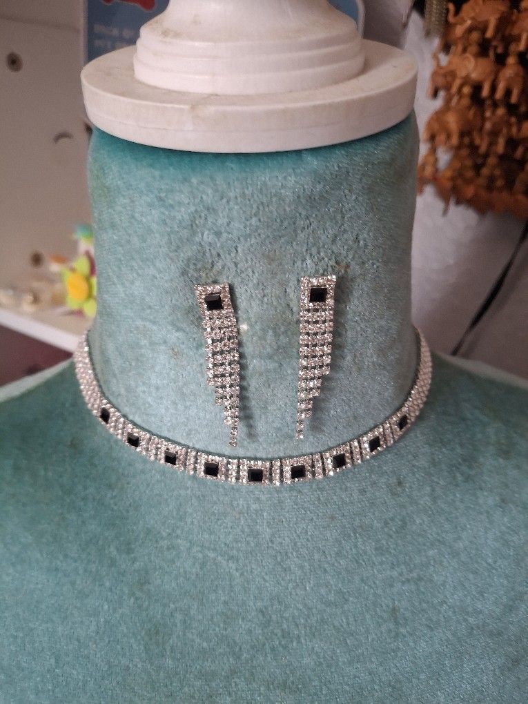 Rhinestone Square Stone Choker Necklace Set