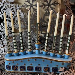 Elegant Gold/Blue Hanukkah Menorah  w/ Hebrew Letter (10X4.5X2.25”) no candles