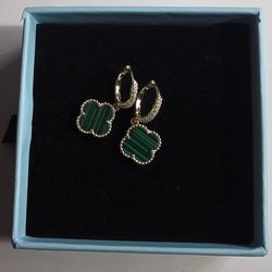 925 Sterling Silver Clover Drop Earrings Green Stone Gold Vermeil Stamped