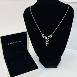 RETIRED Pandora Sterling Silver & Cubic Zirconia Shimmering Leaves Necklace 