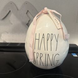 Rae Dunn 6.5 x9.5 in Happy Spring White Ceramic Easter Egg Figurine  