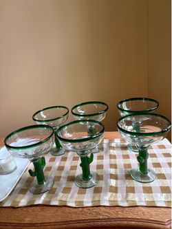Set of 6 Hand-Blown Cactus Margarita Glasses – Southwestern Style