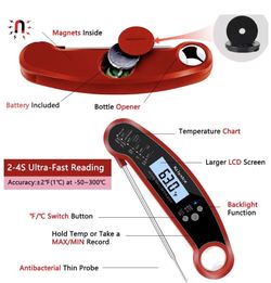 Meat Thermometer, Digital Food Thermometer, Waterproof Instant Read Meat Magnetic Thermometer with Bottle opener, LED Backlight for BBQ, Grill, Smoke
