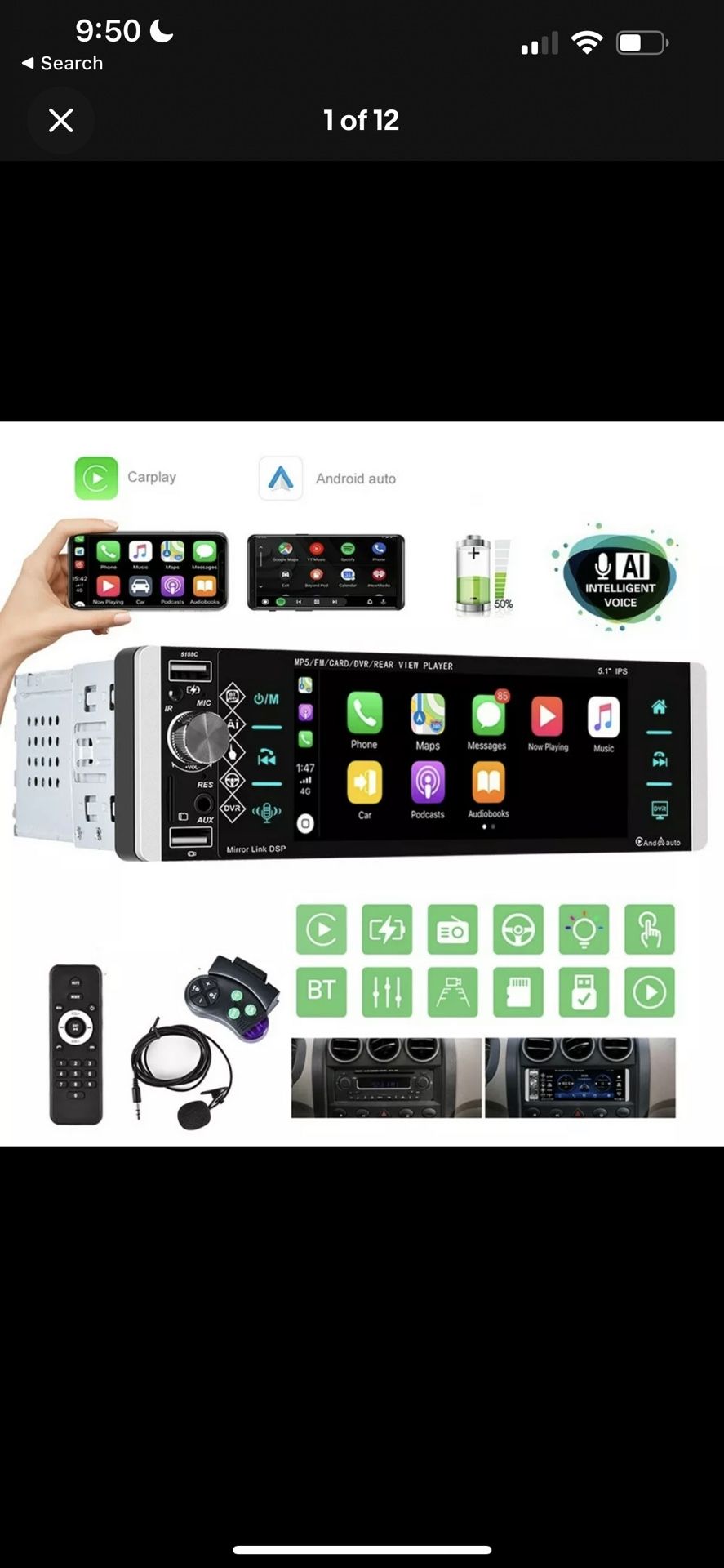 5.1" Single 1DIN Car Stereo Radio RDS AM FM Bluetooth Touch Screen Apple Carplay