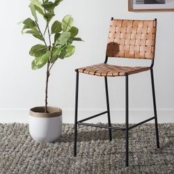 2 chairs Home Collection Bahari Cognac Woven Leather/Black 26-inch Kitchen Island Breakfast Nook Counter Stool (GH6)