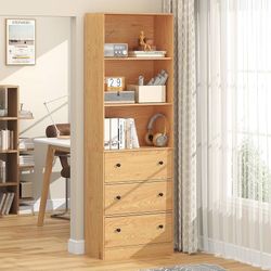 0848 71" Tall Bookshelf with Storage, Bookcase with Drawers, Farmhouse Wooden Corner Book Shelves, Mid Century Modern Book Shelf Wall Standing Home De