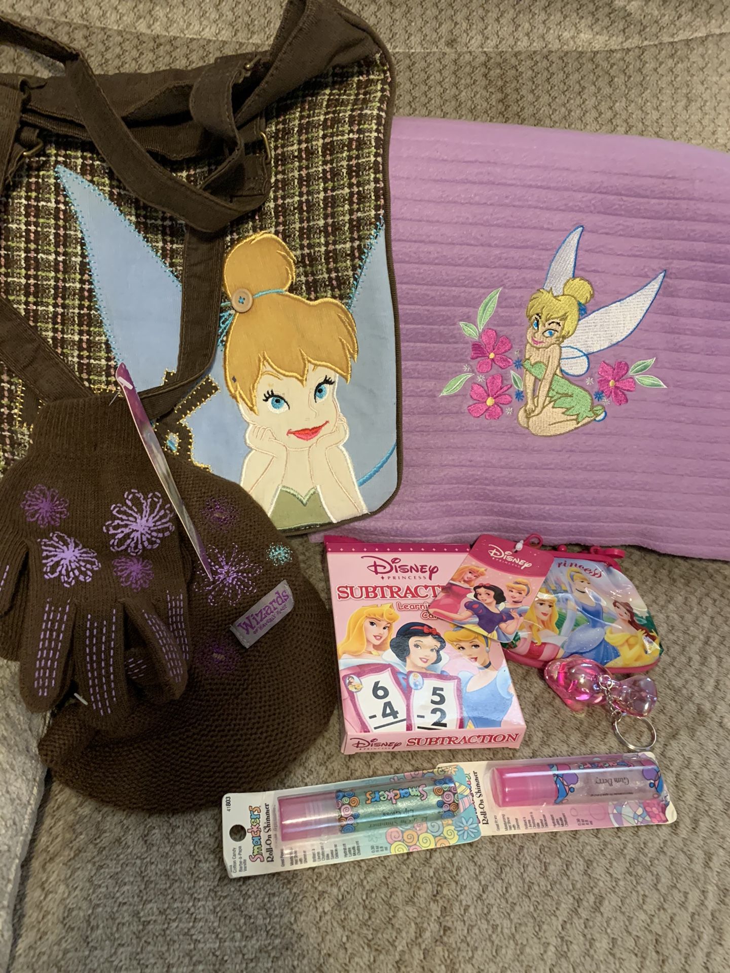 Tinkerbell Purse & Fleece Throw & Wizards of Waverly Place Knit Cap & Gloves