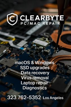 CLEARBYTE PC REPAIR —
for both Mac & PC. Forgot Windows Password? I Can Unlock For You!