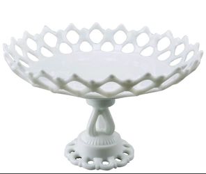 Milk glass pedestal open lace bow