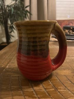 Red and Brown Striped 5” Ceramic Hand-warmer Coffee Tea Mug