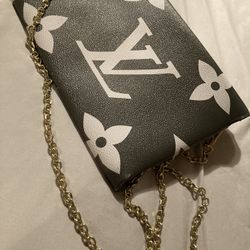 Army Green Monogram Gold Chain Link Clutch 