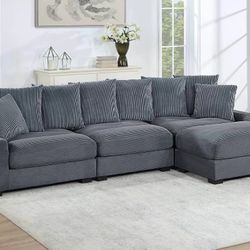 Brand New Grey Corduroy Modular Sectional Sofa (Pillows Included)