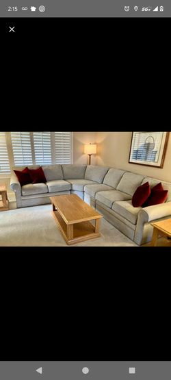 Almost New Gray La Z Boy 4 Piece Sectional Sofa Couch with Beautiful Maroon Red Pillows