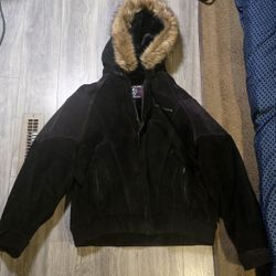 Phat Farm Black Vintage Genuine Leather Jacket Removable Faux Fur Lined Hood 5XL