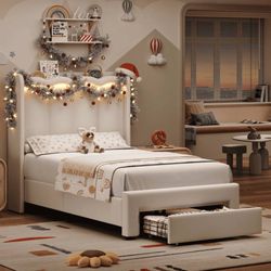 Twin Size Bed with Power Outlet & LED, Upholstered Princess Beds with Drawer, Tw