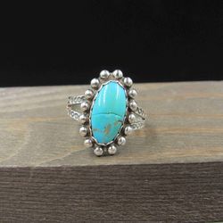 Size 7.25 Sterling Silver Cool Pattern Turquoise Stone Band Ring Vintage