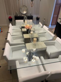 Large Glass Dining Table + 10 White Chairs & Decor – Complete Set