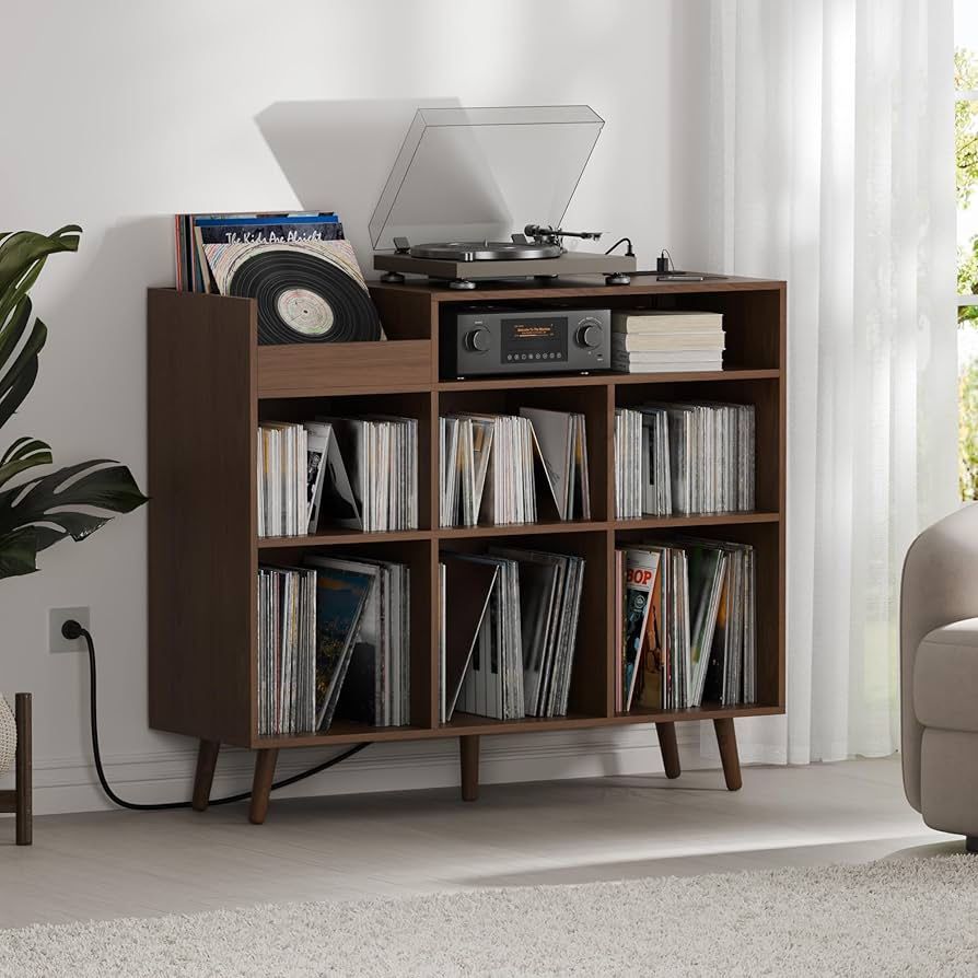 Large Record Player Stand, Vinyl Storage Cabinet Mid Century Modern Turntable Stand Media Console Table Open Shelf Cube CD Album Holder Organizer for