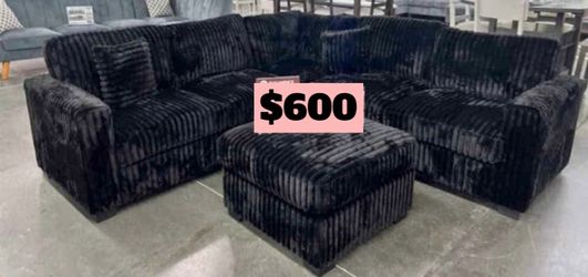 Black Corduroy Sectional Sofa with Ottoman