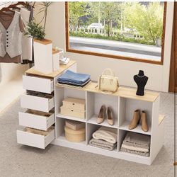 Wardrobe Armoire Closet with Bench, Walk-in Closet Island Dresser with 8 Drawers & Shoe Shelves (AB100)