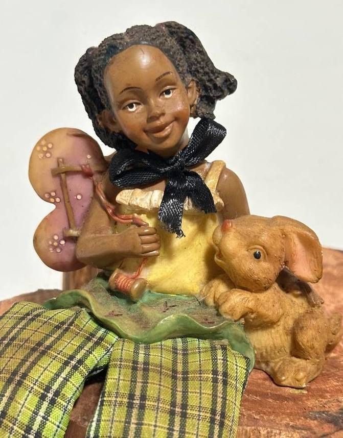 African American Girl With Bunny And Butterfly Doll Figurine Keepsake Shelf Sitter