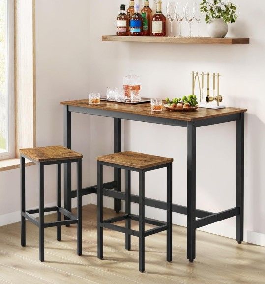 Bar Table Set, with 2 Bar Stools, Dining table set, Kitchen Counter with Bar Chairs, Industrial, Living Room, Party Room, Rustic Brown and Black.
Desk