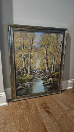 beautiful, authentic mid-century original landscape oil painting titled "Woodland Stream."
