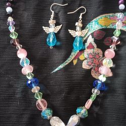 Glass Bead Necklace With Angel Necklace And Earrings. 