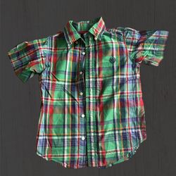 Chaps Boys Red Green And Blue Plaid Button Up Short Sleeve Shirt Logo Size 5 EUC