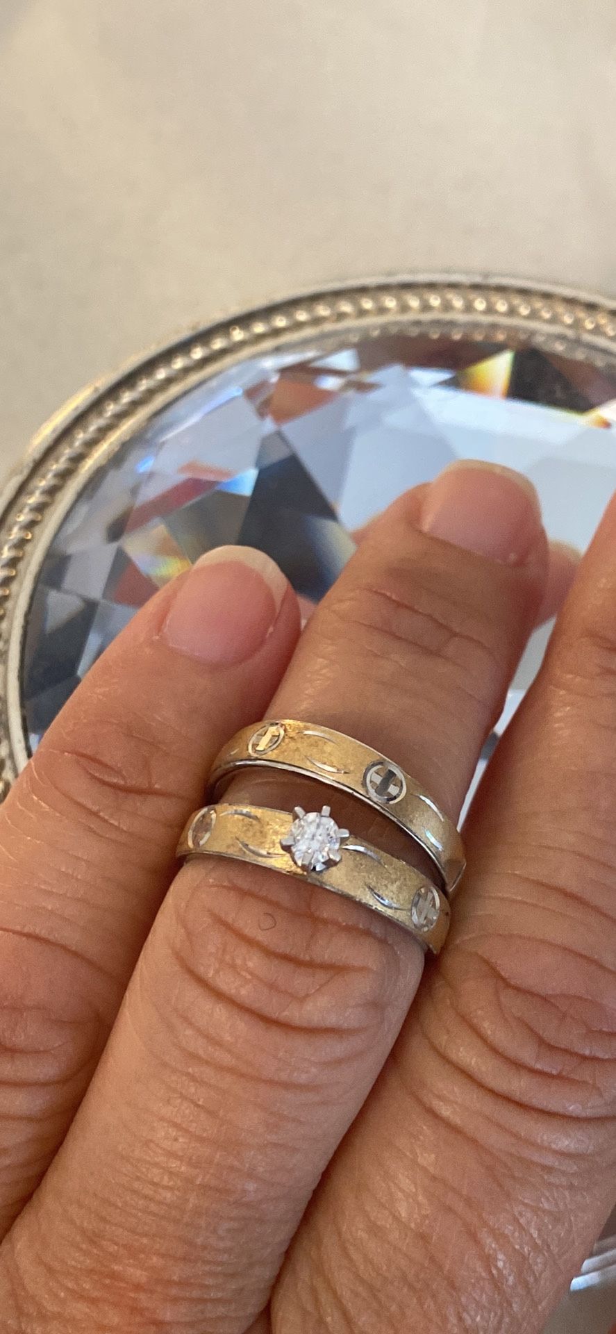 New 👩❤️👨14K Gold- Ring & wedding band Set /Diamond 1/7 CTTW- Trio LD. Size: 7