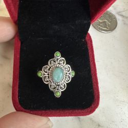 925 Sterling Silver Genuine Larimar And Green Turquoise Ring , Size 9.5 ,  Marked 925 