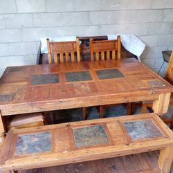 Vintage Table With Bench And 4 Chairs 