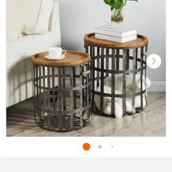 Set of 2 Contemporary Round Wood Metal End Tables with Lids, Brown Black