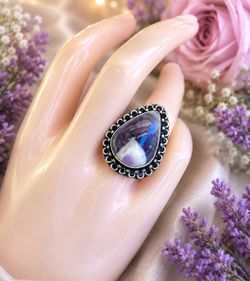 Teardrop Natural Chevron Amethyst Silver Ring Sz 7.5