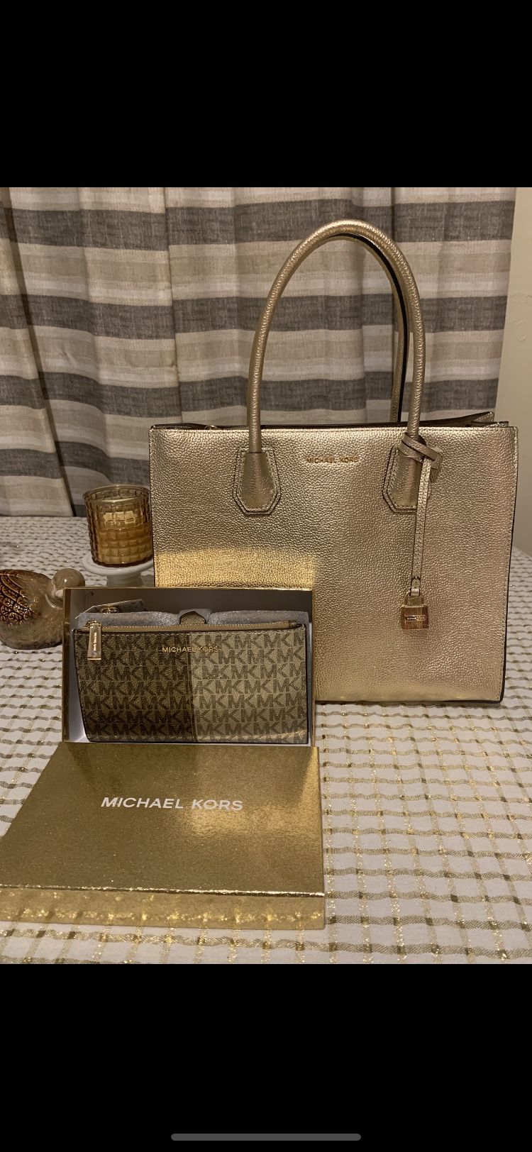 Michael Kors Gold Color Handbag And Wallet 
