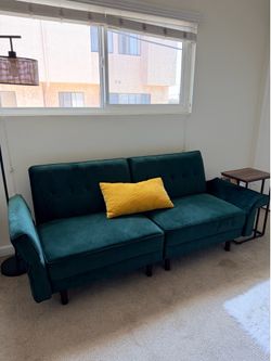 Green Velveteen Split-Back Futon Sofa