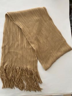 Camel Ribbed Knit Scarf with Fringe
