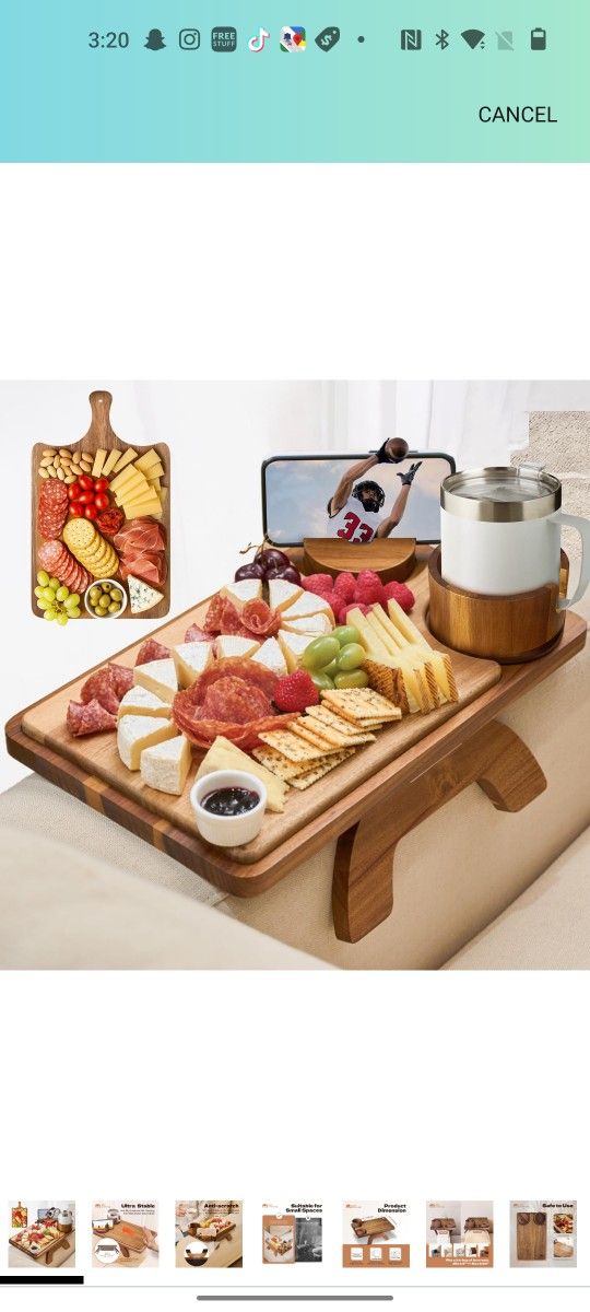 Couch Arm Table 4 in 1, Wood Sofa Arm Tray, Stable Sofa Arm Table with 360° Rotatable Phone Holder/Cup Holder/Cheese Board, Folding Anti-Slip Couch
