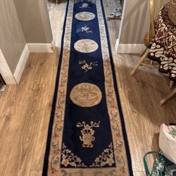 “Antique Chinese Peking Runner – Navy Wool – Dragon Medallions – 12ft Runner – Hand-Knotted