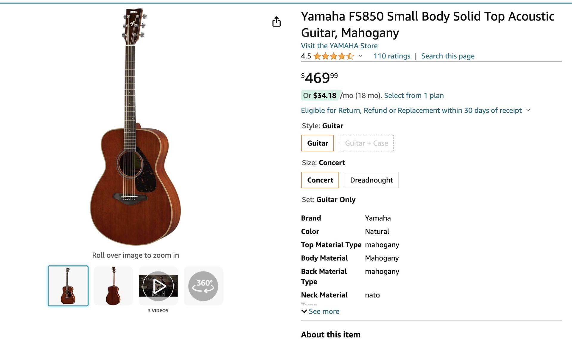 Yamaha Acoustic Guitar FS850