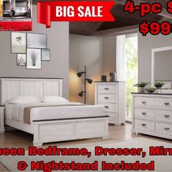 Queen Bed Frame, Nightstand, Mirror, Dresser $999