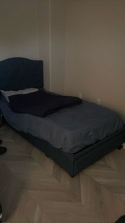 Dark Blue Upholstered Bed Frame with Headboard