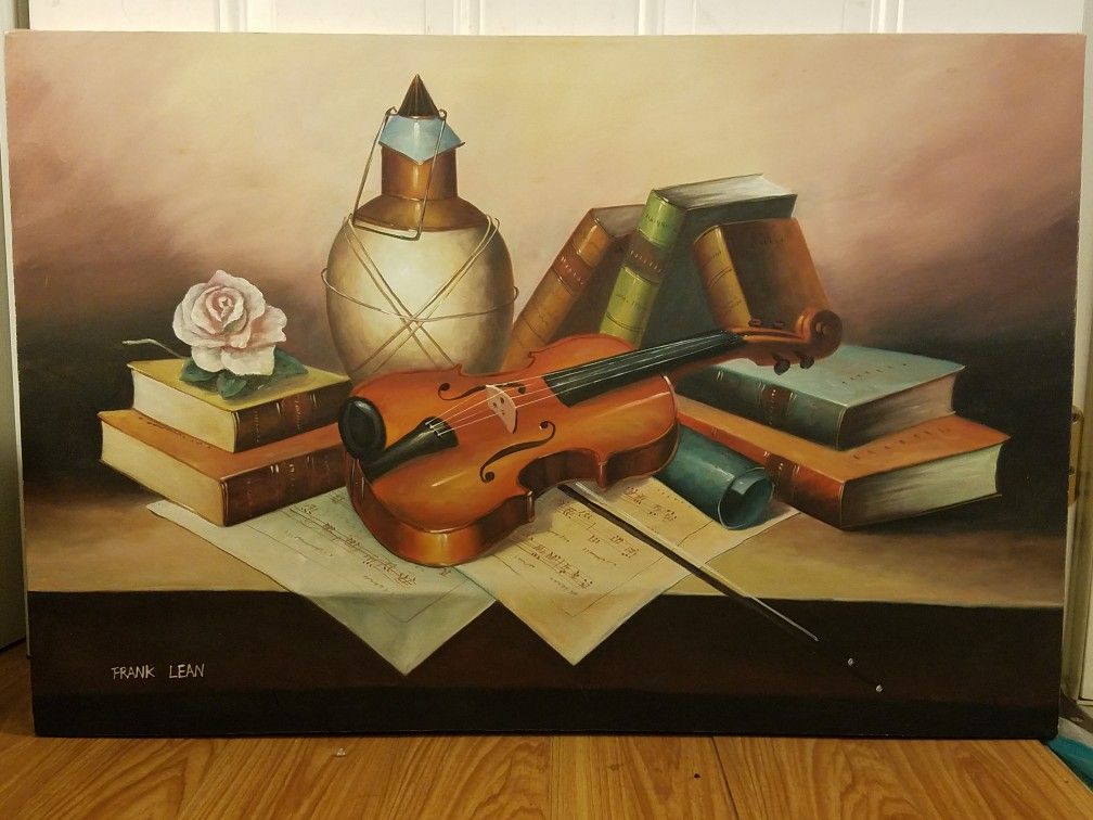 Frank Lean Original Canvas Oil Painting Signed Still Life With Candle Books Violin 3' x 2' feet 36" x 24" inches