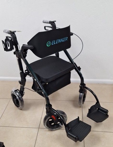 ELENKER 2-in-1 Rollator Walker & Transport Chair - Folds for Easy Storage!