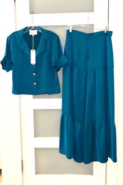 Stella & Amelia teal trouser and blouse set, tiered wide-leg trousers size M
