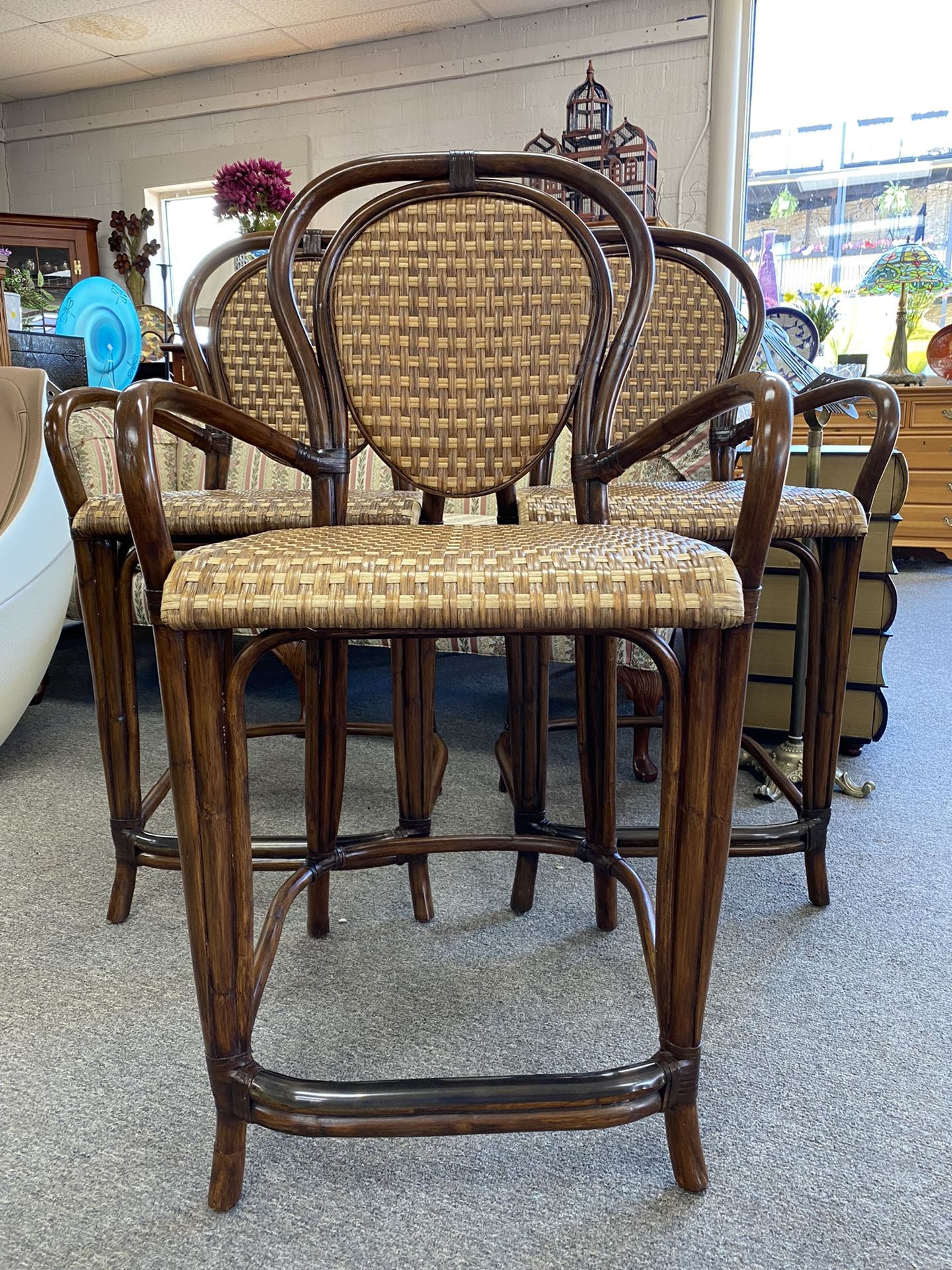 Set of 3 Frontgate Bamboo & Rattan Arm Bar Stools 26” 43.75t x 2ft x 20