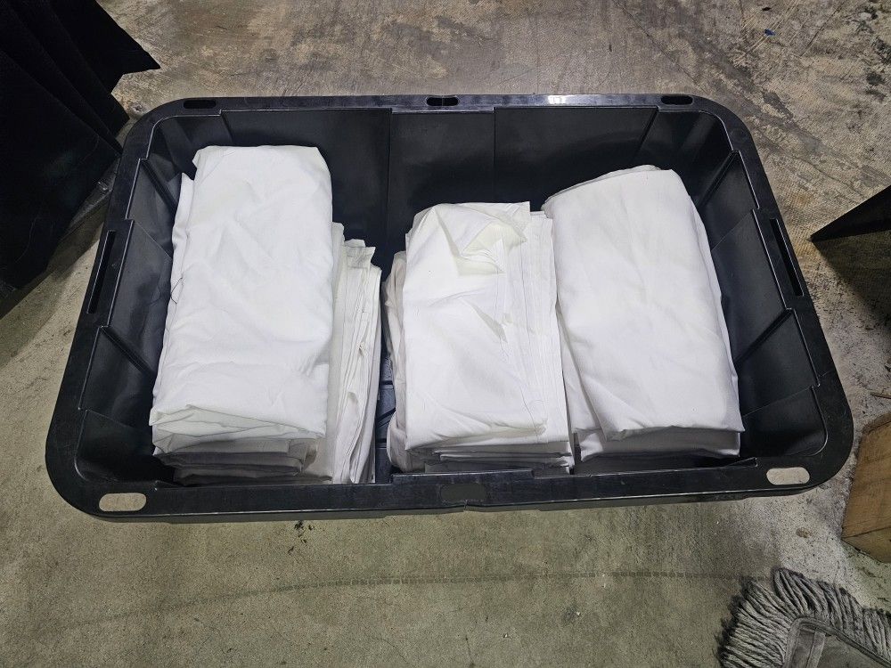 19 WHITE heavy duty commercial use table cloths. $5 FIRM EACH