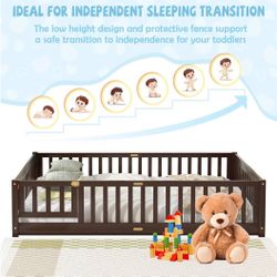  Full Size Montessori Floor Bed for Kids w/ Fence & Door, Espresso Wood Frame, No Box Spring